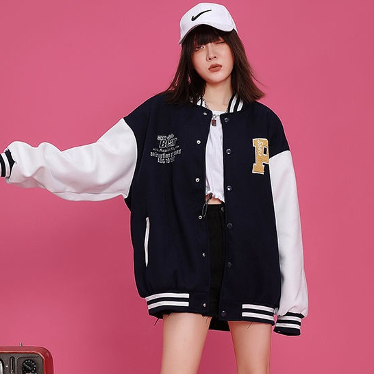 Áo Khoác Bóng Chày Dáng Rộng Màu Đen Thời Trang Thu Đông Cá Tính Áo khoác nữ