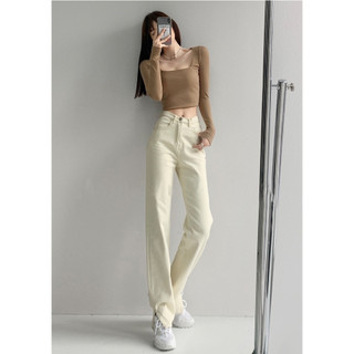 Châu Âu Mỹ Phong Cách Màu Be Thẳng Quần Jean Slim-fit Ôm Hơn Nhìn Phù Hợp Với Thời Gian Retro Chia Quần Sàn Rời Retro Thời Gian Màu Trơn Quần Ống Rộng Quần Tren