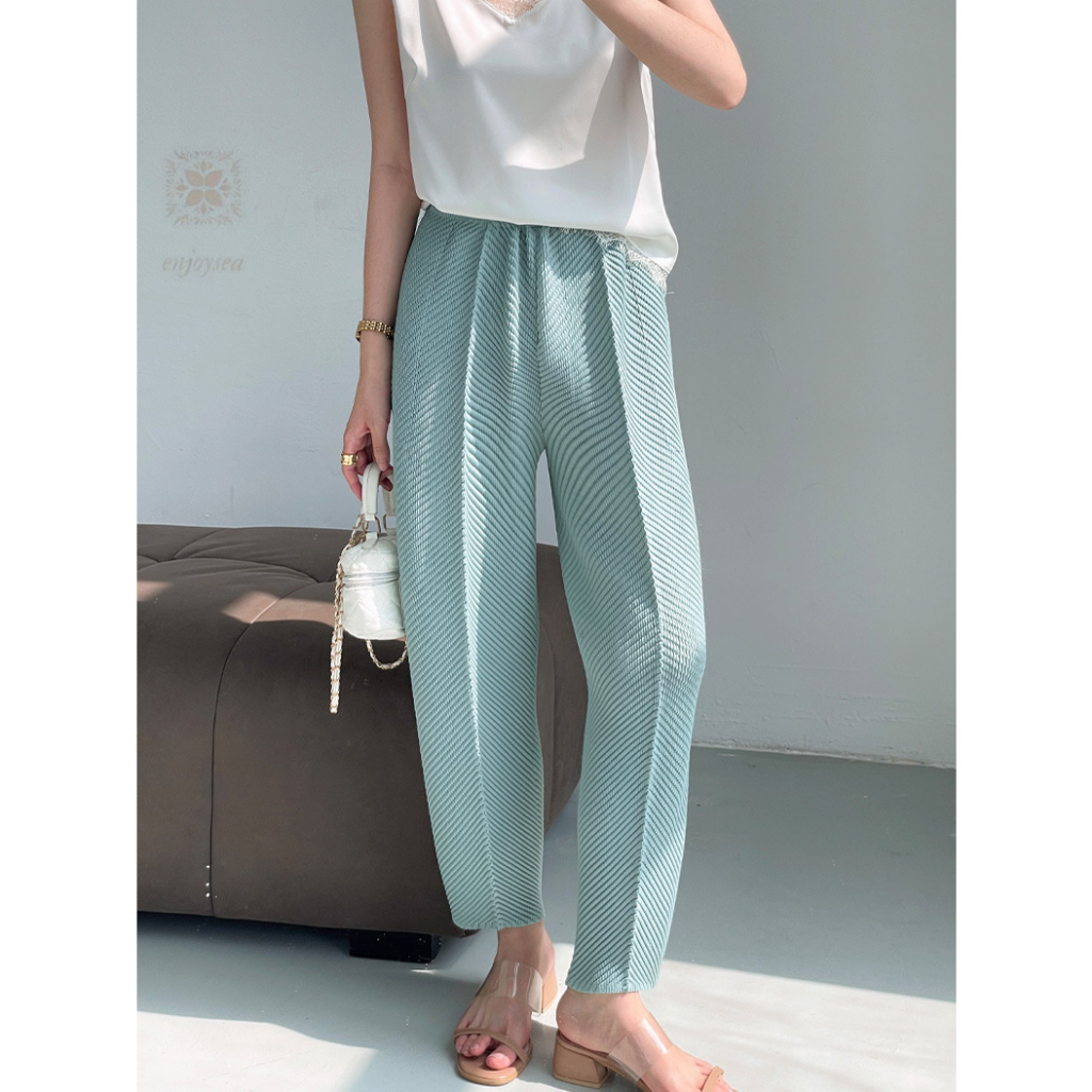 Issey Miyake Quần Ống Rộng Xếp Ly Cân Bằng Cá Co Giãn Lưng Thun Có Túi Hình Quả Lê Cho Nữ