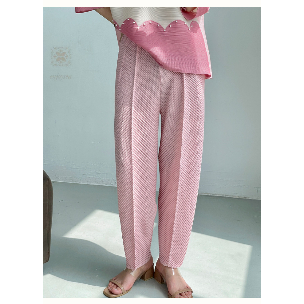 Issey Miyake Quần Ống Rộng Xếp Ly Cân Bằng Cá Co Giãn Lưng Thun Có Túi Hình Quả Lê Cho Nữ