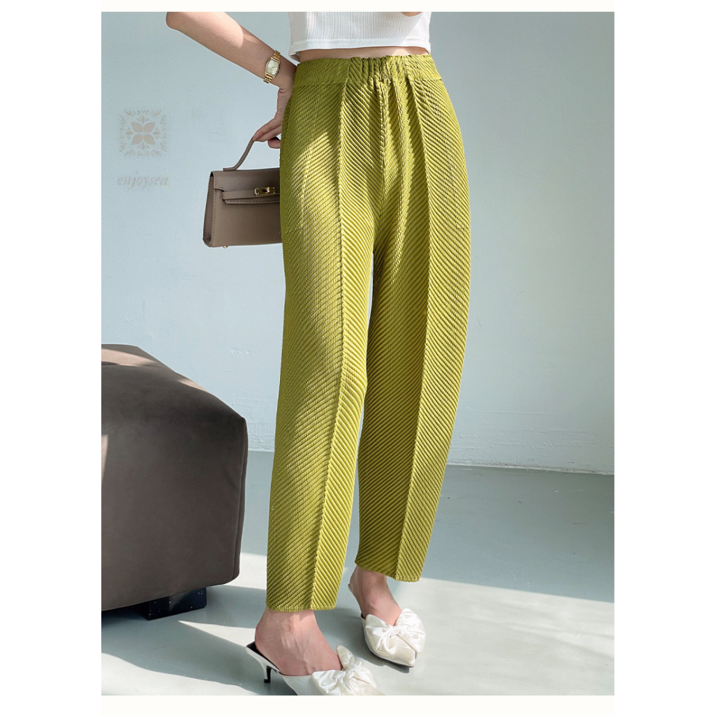 Issey Miyake Quần Ống Rộng Xếp Ly Cân Bằng Cá Co Giãn Lưng Thun Có Túi Hình Quả Lê Cho Nữ