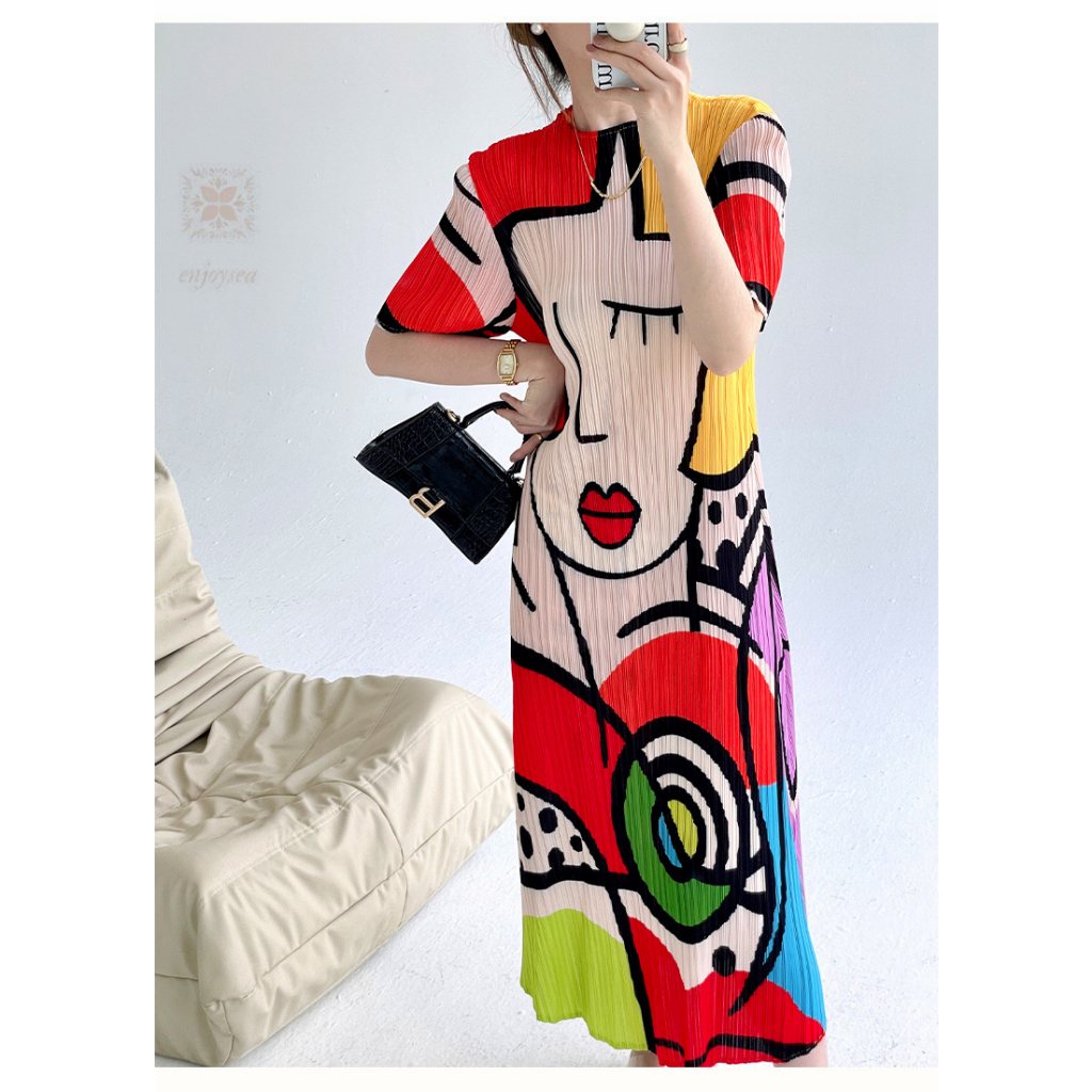 Issey Miyake Đầm Dài Dáng Ôm Tay Ngắn In Họa Tiết Hoạt Hình Siêu Co Giãn Thời Trang Mùa Hè Cho Nữ