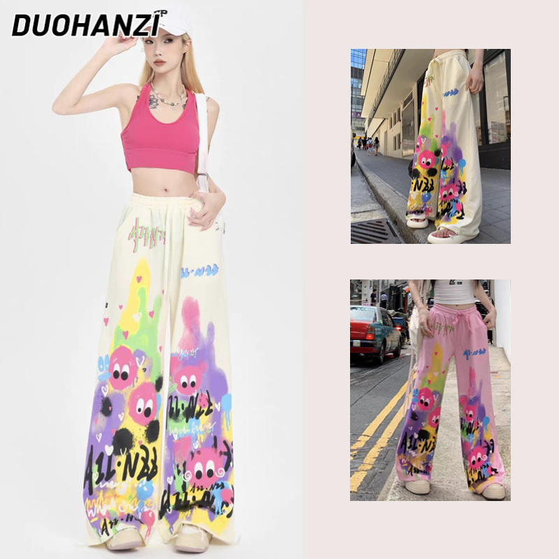 DUOHANZI Quần ống rộng lưng cao dây rút in họa tiết graffiti thời trang cho nữ