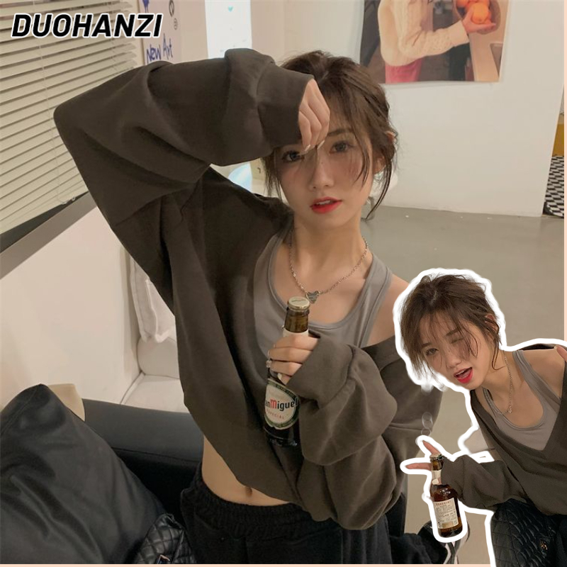 DUOHANZI Áo Sweater Giả Hai Lớp Dáng Rộng Ngắn Phong Cách Hàn Quốc Thời Trang Mùa Thu Cho Nữ