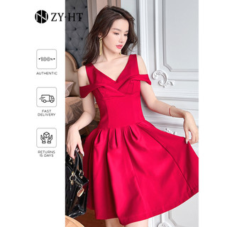 ZYHT đầm nữ Đầm đỏ Đầm chữ A Đầm ngắn Đầm lệch vai Chất vải tôn dáng Đầm gợi cảm Đầm hàn quốc 9525