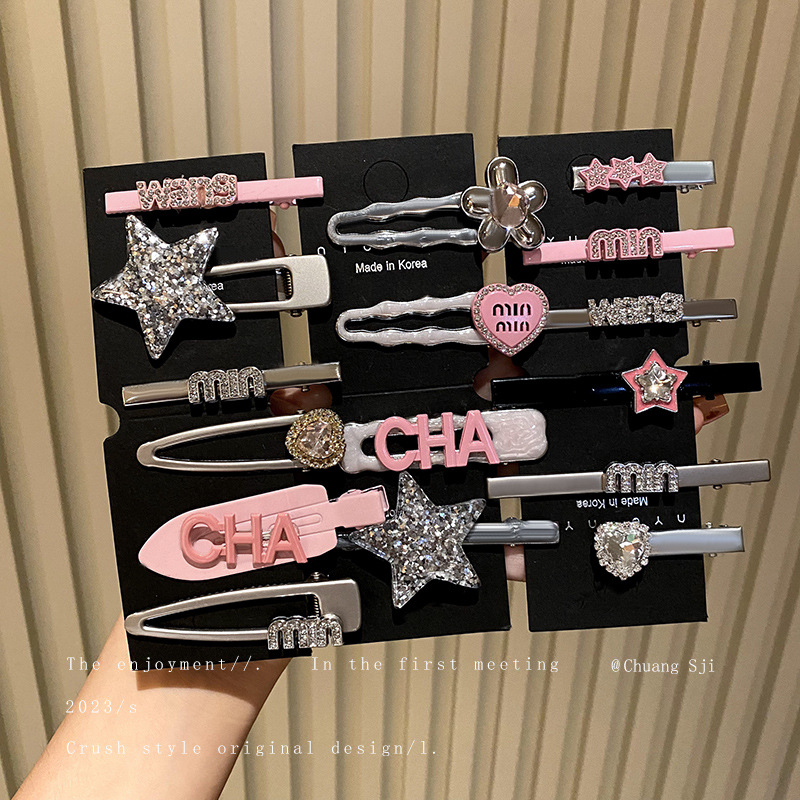Kẹp Tóc Bảy Mảnh dopamine y2k Đính Đá rhinestone Hình Chữ love