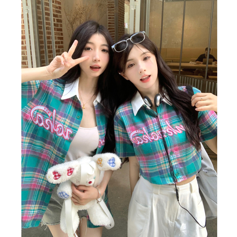 Áo Sơ Mi Dáng Rộng Kẻ Sọc Nhiều Màu Sắc Ngọt Ngào Phong Cách Retro Mùa Hè