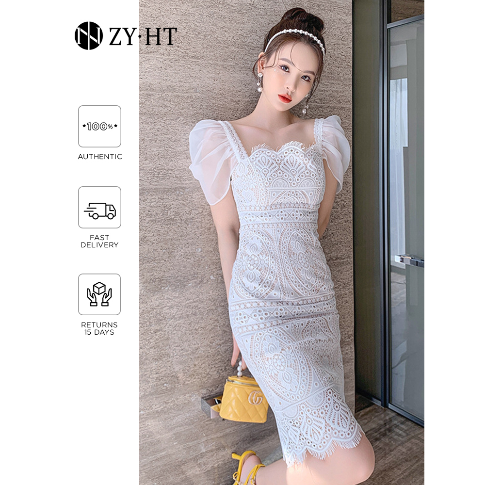 ZYHT Đầm Cổ Vuông Tay Phồng Phối Ren Thời Trang Cho Nữ váy dạ hội 5026