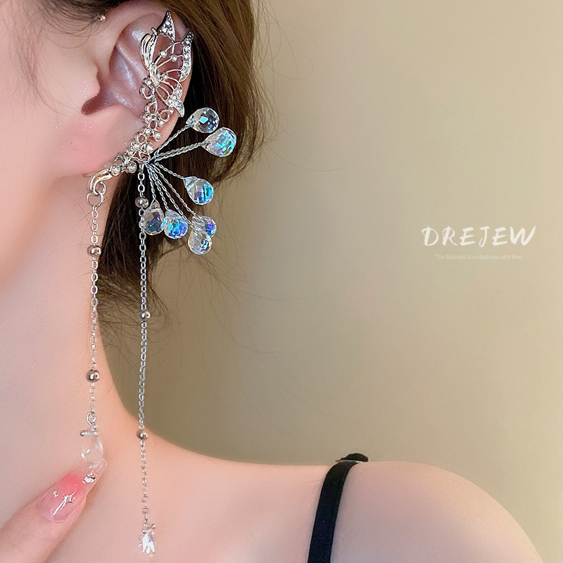 Khuyên Tai Tua Rua Hình Bướm Đính Kim Cương Pha Lê Không Cần Khoan Lỗ Thời Trang Cao Cấp