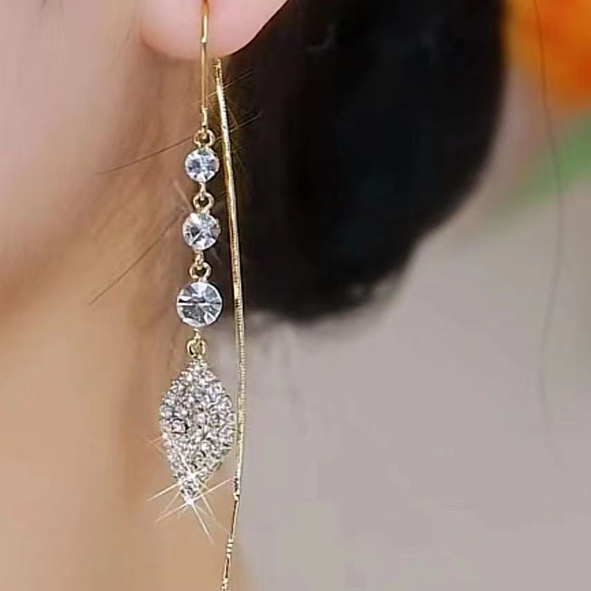 Bông Tai Dáng Dài Hình Chiếc Lá Đính Đá Zircon Thời Trang Cho Nữ