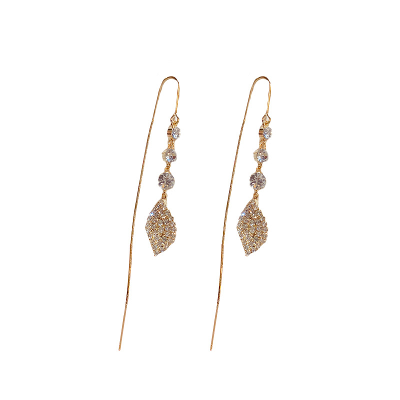 Bông Tai Dáng Dài Hình Chiếc Lá Đính Đá Zircon Thời Trang Cho Nữ