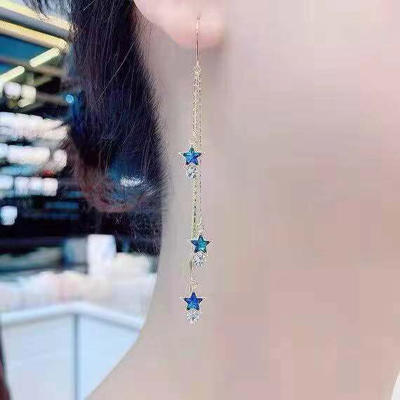 Bông Tai Tua Rua Dáng Dài Đính Đá Pha Lê Xanh Dương Thời Trang Hàn Quốc Cho Nữ