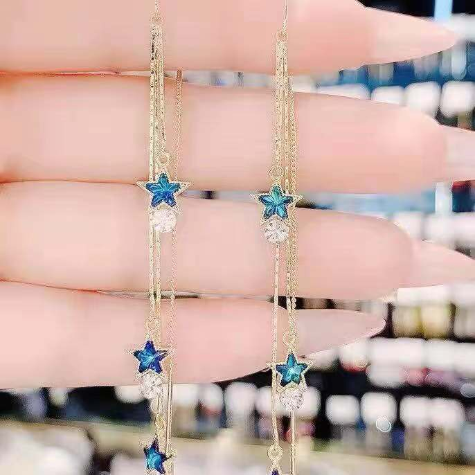 Bông Tai Tua Rua Dáng Dài Đính Đá Pha Lê Xanh Dương Thời Trang Hàn Quốc Cho Nữ