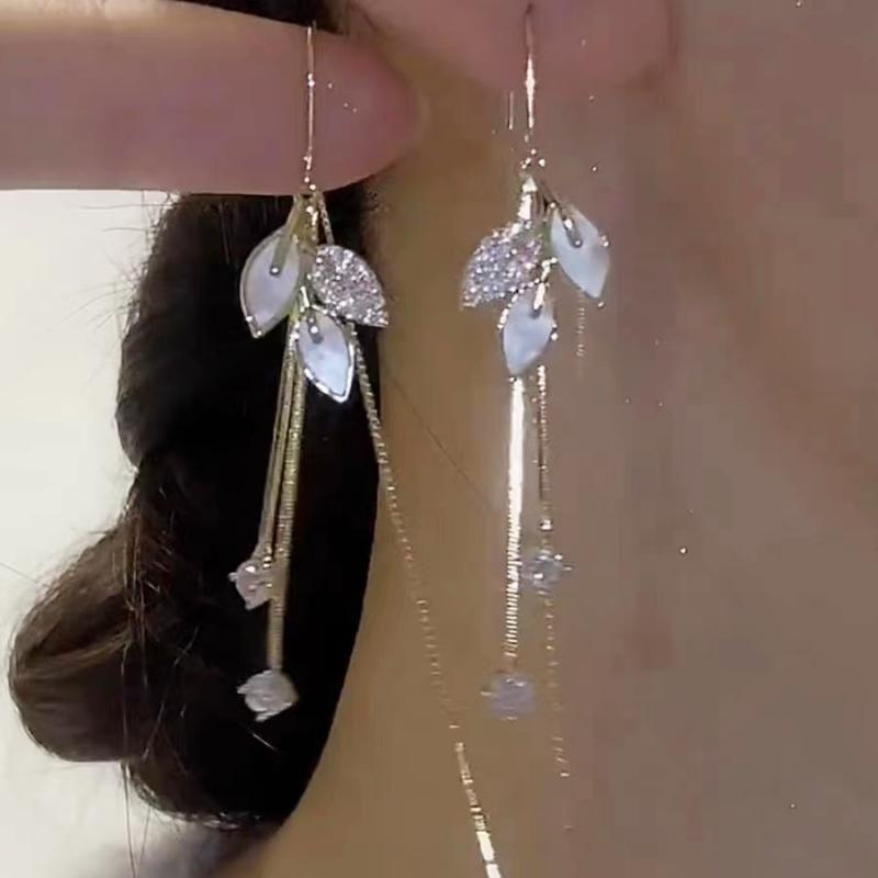 Bông Tai Mạ Bạc 925 Dáng Dài Hình Chiếc Lá Đính Đá Thời Trang Hàn Quốc Cho Nữ