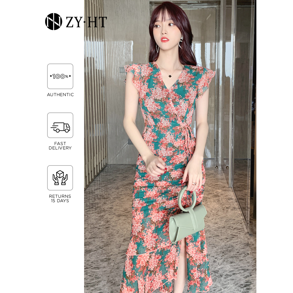 ZYHT Đầm Voan Hoa Cổ Chữ V Tay Cánh Bướm Eo Cao Dáng Ôm Đuôi Cá Thời Trang Cổ Điển Cho Nữ 3942