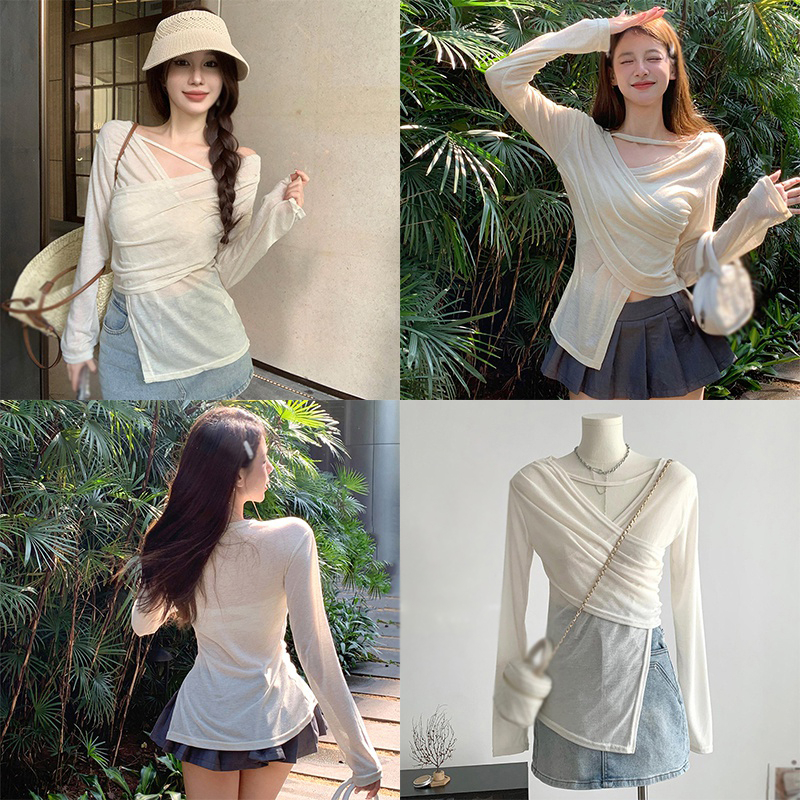 Áo Sơ Mi Tay Dài Chống Nắng Màu Sắc Đơn Giản Thiết Kế Xẻ Tà Thoáng Khí Thời Trang Cho Nữ