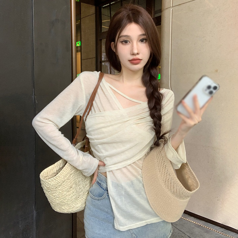 Áo Sơ Mi Tay Dài Chống Nắng Màu Sắc Đơn Giản Thiết Kế Xẻ Tà Thoáng Khí Thời Trang Cho Nữ