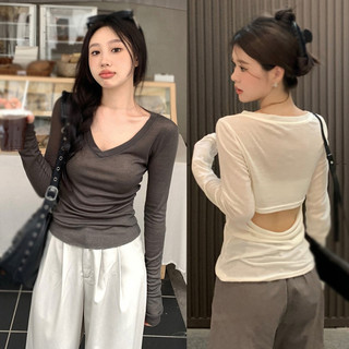 Áo Thun Tay Dài Cổ Chữ v Hở Lưng Màu Trơn Thời Trang Cho Nữ