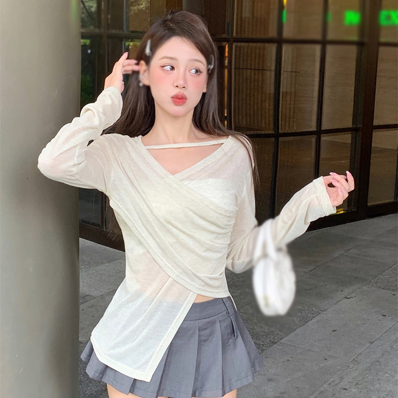 Áo Sơ Mi Tay Dài Chống Nắng Màu Sắc Đơn Giản Thiết Kế Xẻ Tà Thoáng Khí Thời Trang Cho Nữ