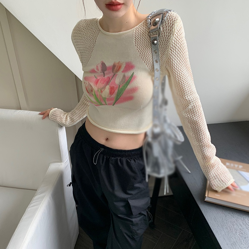 Áo Croptop Dệt Kim Tay Dài Cổ Tròn Hoạ Tiết Hoa Tulip Cho Phái Nữ