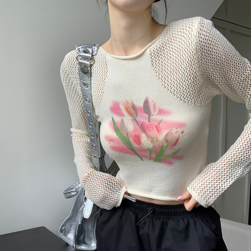 Áo Croptop Dệt Kim Tay Dài Cổ Tròn Hoạ Tiết Hoa Tulip Cho Phái Nữ