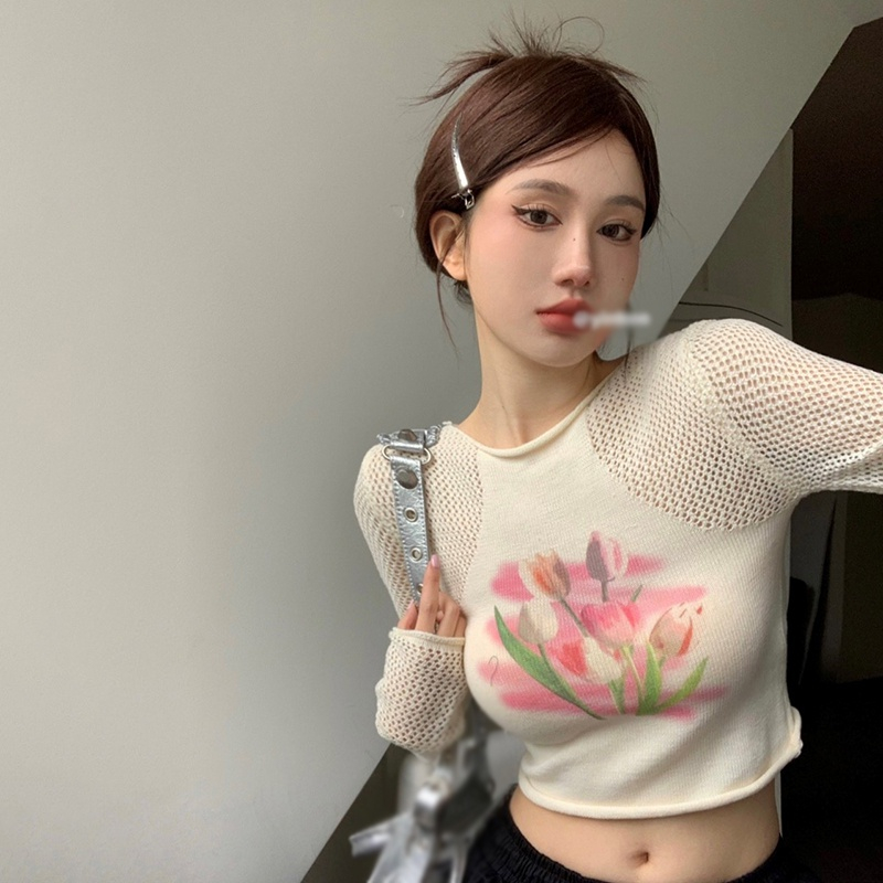 Áo Croptop Dệt Kim Tay Dài Cổ Tròn Hoạ Tiết Hoa Tulip Cho Phái Nữ