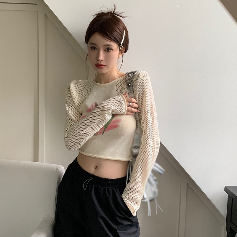 Áo Croptop Dệt Kim Tay Dài Cổ Tròn Hoạ Tiết Hoa Tulip Cho Phái Nữ