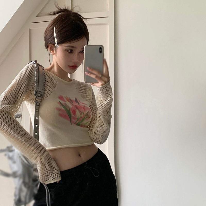 Áo Croptop Dệt Kim Tay Dài Cổ Tròn Hoạ Tiết Hoa Tulip Cho Phái Nữ