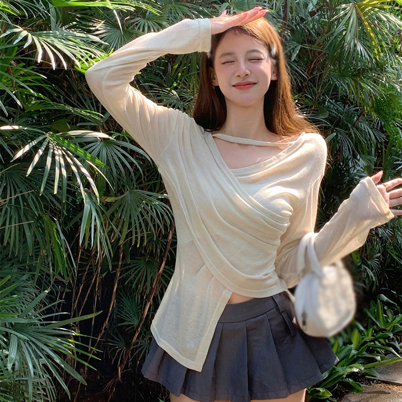 Áo Sơ Mi Tay Dài Chống Nắng Màu Sắc Đơn Giản Thiết Kế Xẻ Tà Thoáng Khí Thời Trang Cho Nữ