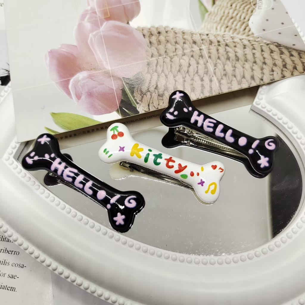 Kẹp Tóc Hình Xương Mèo graffiti Nhiều Màu Sắc ins dopamine Phong Cách Nhật Bản Ngọt Ngào Nữ Tính