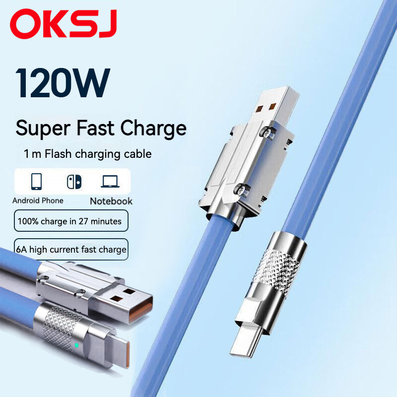 OKSJ Dây Cáp Sạc Nhanh 6A/66W Bằng Hợp Kim Kẽm Và Silicon Cho type-C / Micro USB Dài 1m