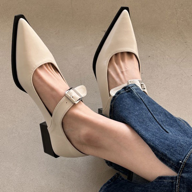 Prowow❤Giày Cao Gót Mũi Nhọn Gót Dày Vừa Có Khóa Cài Cho Nữ Xiaoxiang Mary Jane