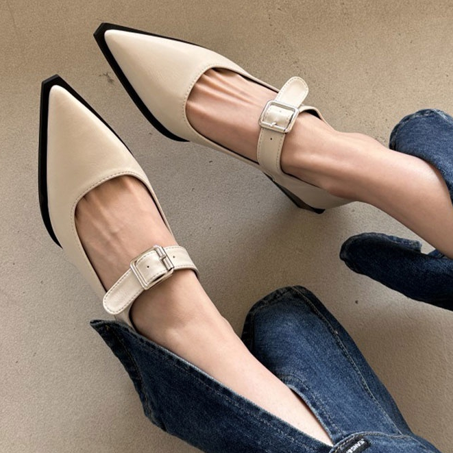 Prowow❤Giày Cao Gót Mũi Nhọn Gót Dày Vừa Có Khóa Cài Cho Nữ Xiaoxiang Mary Jane