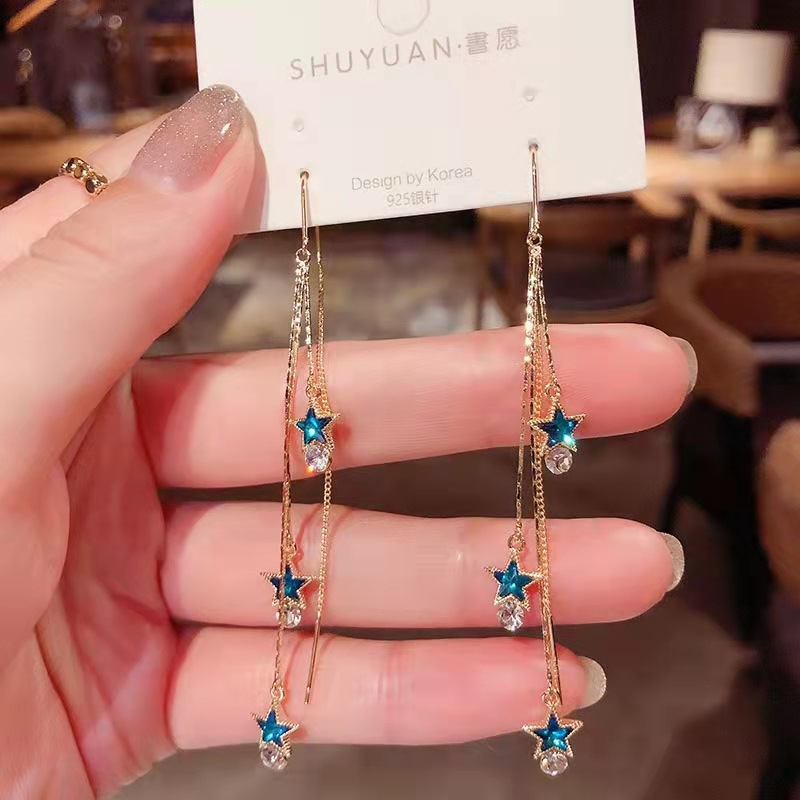 Bông Tai Tua Rua Dáng Dài Đính Đá Pha Lê Xanh Dương Thời Trang Hàn Quốc Cho Nữ