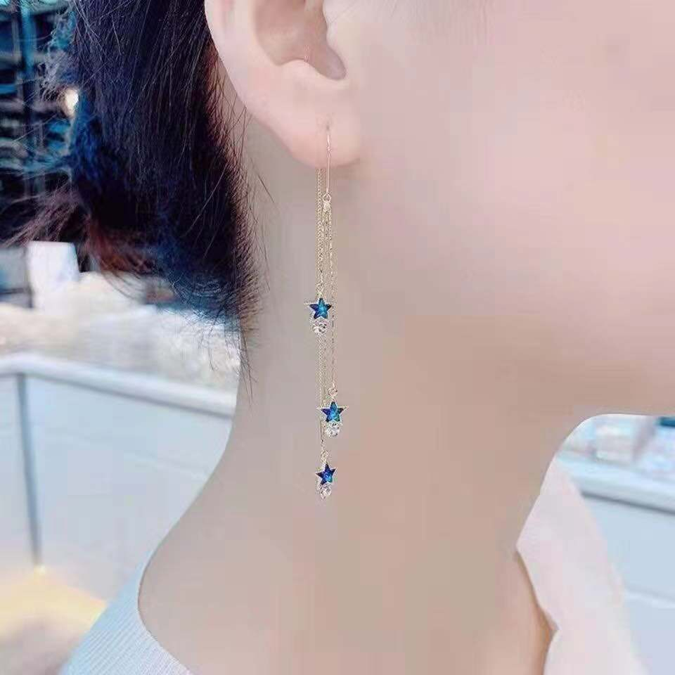 Bông Tai Tua Rua Dáng Dài Đính Đá Pha Lê Xanh Dương Thời Trang Hàn Quốc Cho Nữ