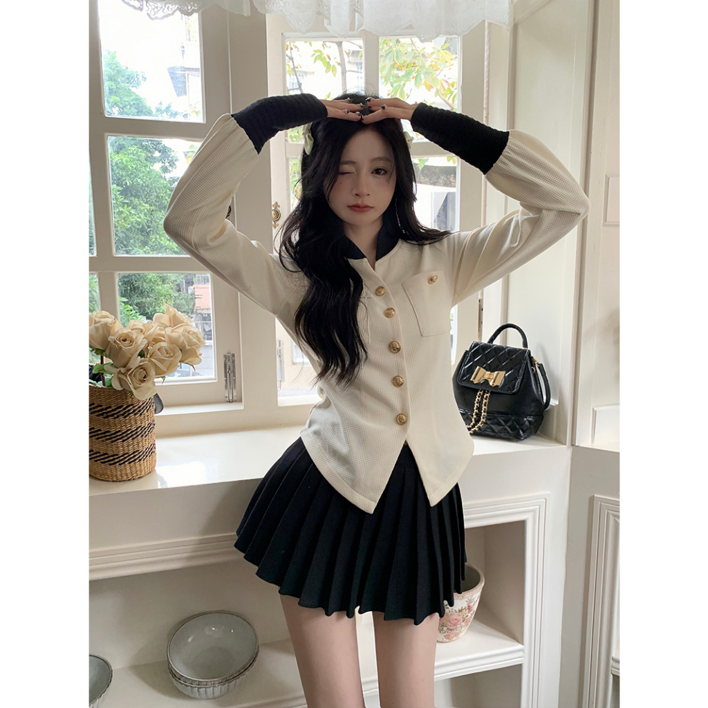 Set Áo Khoác Sơ Mi Dài Tay Form Ôm Và Chân Váy Xếp Ly Phong Cách Hàn Quốc Dành Cho Nữ