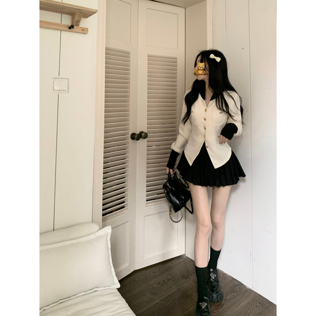 Set Áo Khoác Sơ Mi Dài Tay Form Ôm Và Chân Váy Xếp Ly Phong Cách Hàn Quốc Dành Cho Nữ