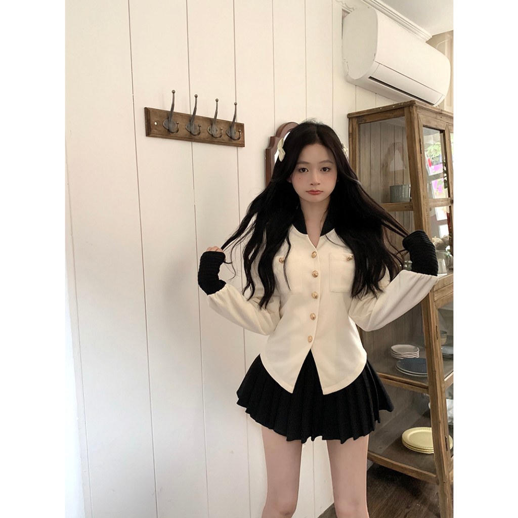 Set Áo Khoác Sơ Mi Dài Tay Form Ôm Và Chân Váy Xếp Ly Phong Cách Hàn Quốc Dành Cho Nữ