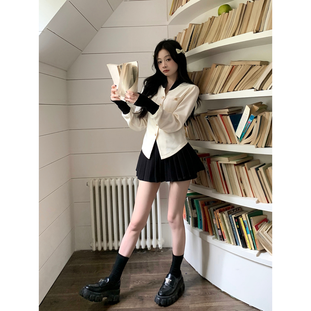 Set Áo Khoác Sơ Mi Dài Tay Form Ôm Và Chân Váy Xếp Ly Phong Cách Hàn Quốc Dành Cho Nữ