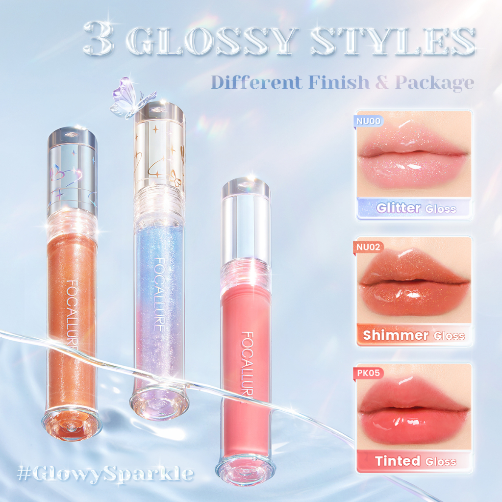 Son bóng FOCALLURE óng ánh dưỡng ẩm lâu trôi 3 phong cách với đầu cọ silicon