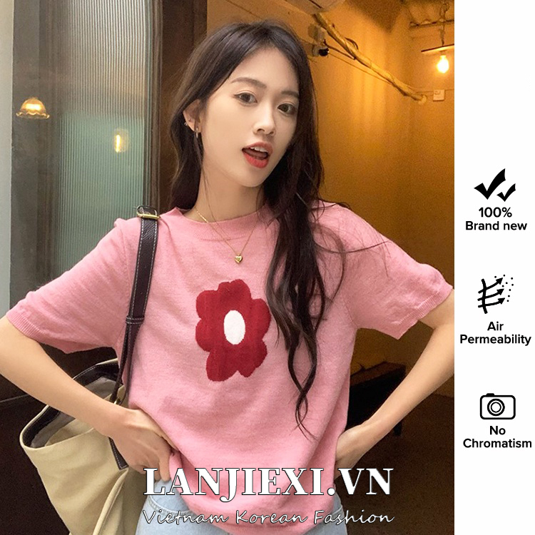 LANJIEXI Áo thun cổ tròn ngắn tay in hoa thời trang Hàn Quốc cho nữ 3 màu lựa chọn