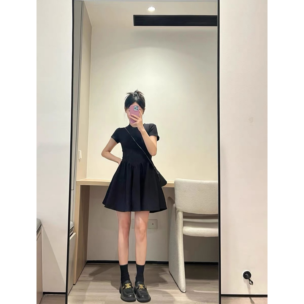 Xiaozhainv Đầm Chữ A Tay Ngắn Màu Đen Thời Trang Mùa Hè