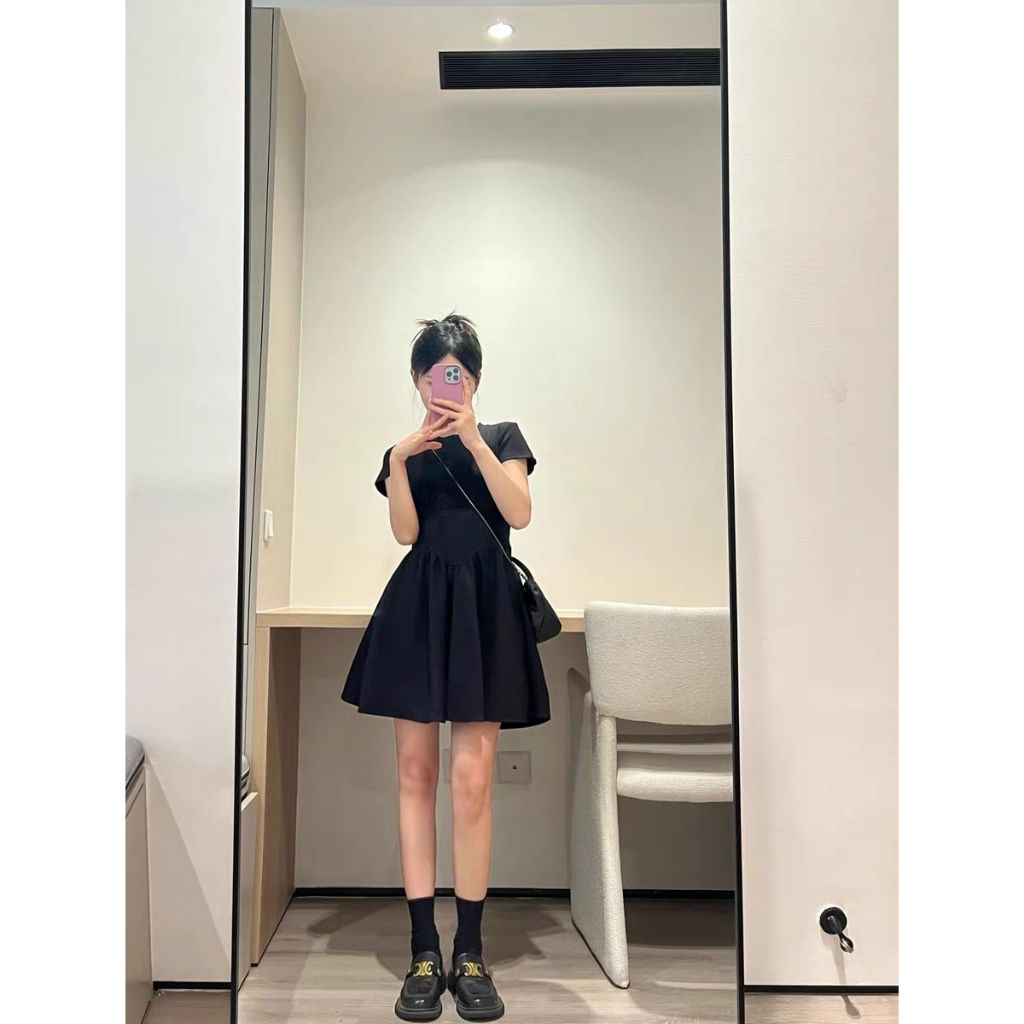 Xiaozhainv Đầm Chữ A Tay Ngắn Màu Đen Thời Trang Mùa Hè