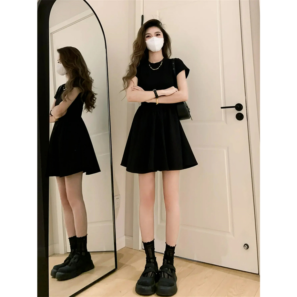 Xiaozhainv Đầm Chữ A Tay Ngắn Màu Đen Thời Trang Mùa Hè