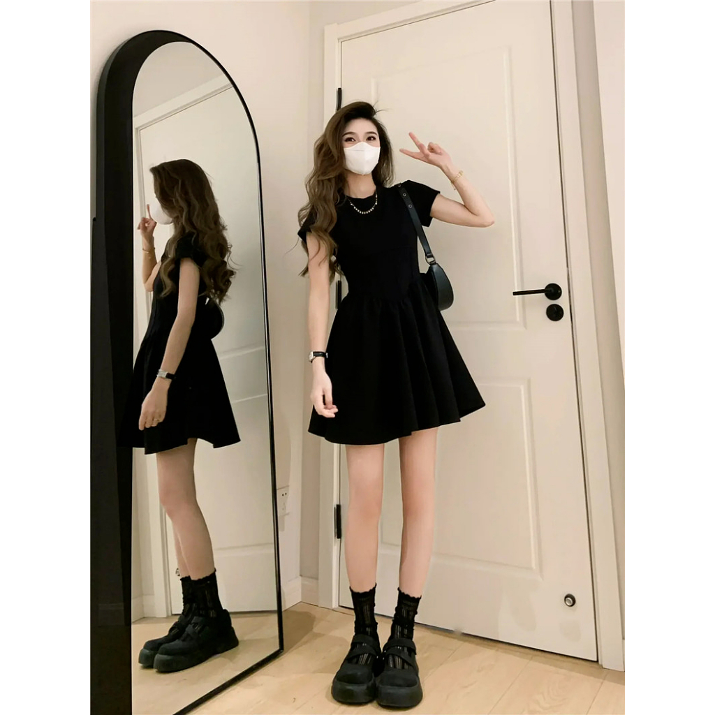 Xiaozhainv Đầm Chữ A Tay Ngắn Màu Đen Thời Trang Mùa Hè