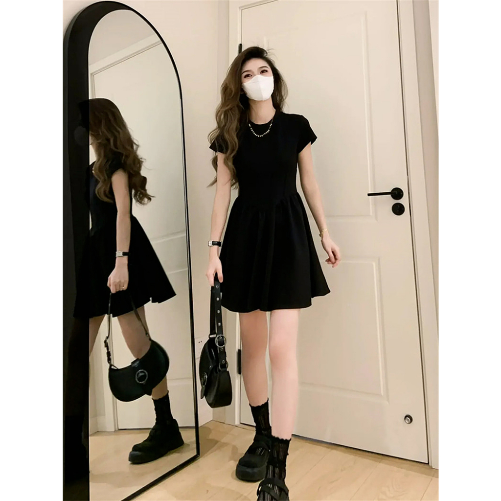 Xiaozhainv Đầm Chữ A Tay Ngắn Màu Đen Thời Trang Mùa Hè