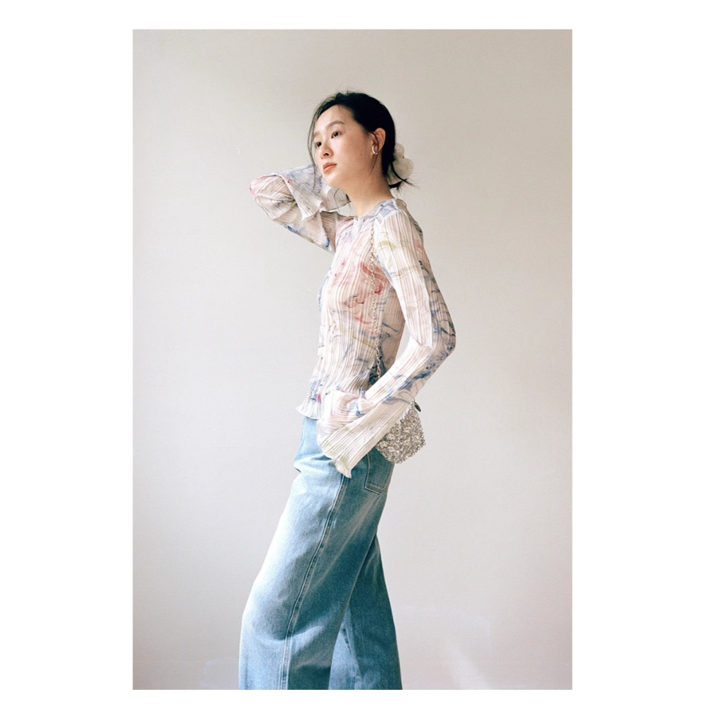 Honypove Áo Sơ Mi Chiffon Cổ Tròn Tay Dài Ống Loe Xếp Ly Nhuộm Màu Phong Cách Mới Dành Cho Nữ