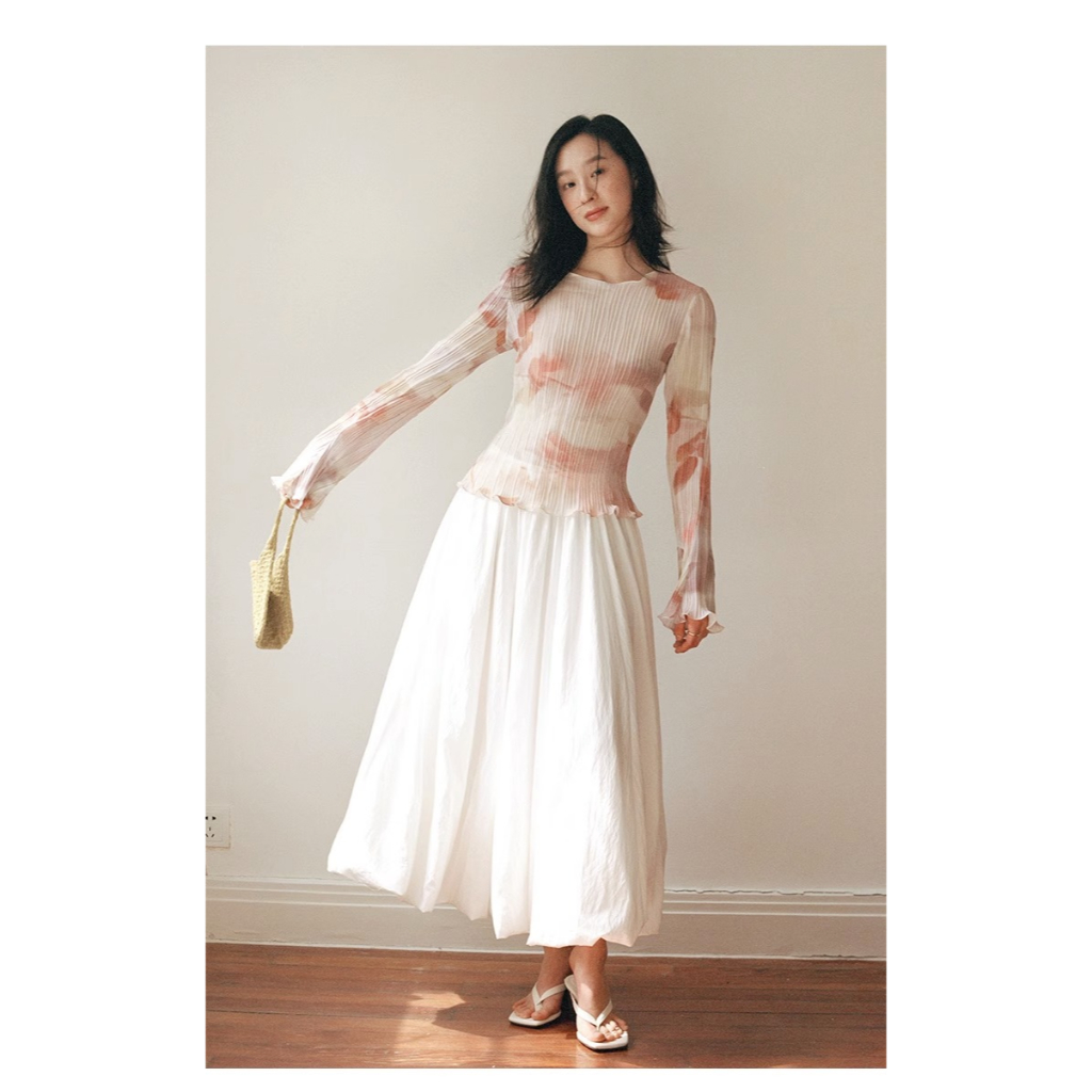 Honypove Áo Sơ Mi Chiffon Cổ Tròn Tay Dài Ống Loe Xếp Ly Nhuộm Màu Phong Cách Mới Dành Cho Nữ