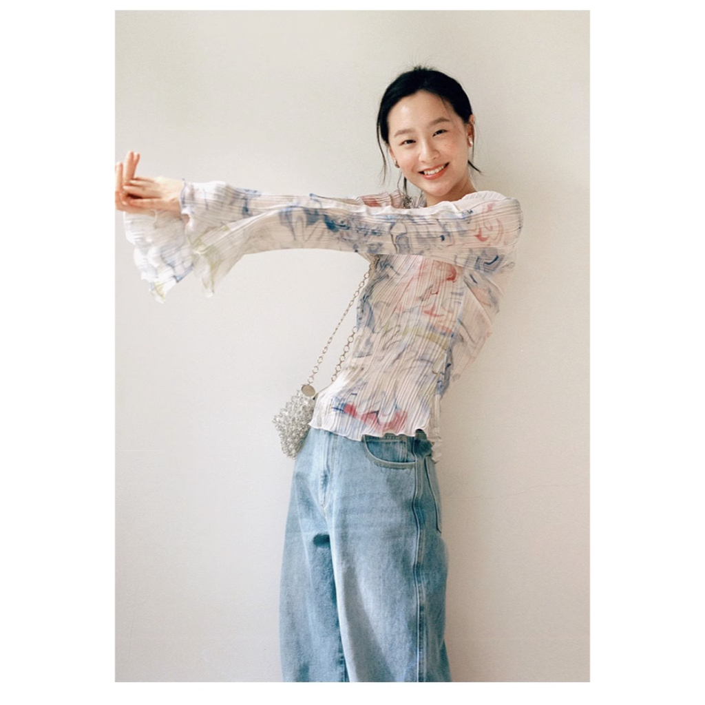 Honypove Áo Sơ Mi Chiffon Cổ Tròn Tay Dài Ống Loe Xếp Ly Nhuộm Màu Phong Cách Mới Dành Cho Nữ