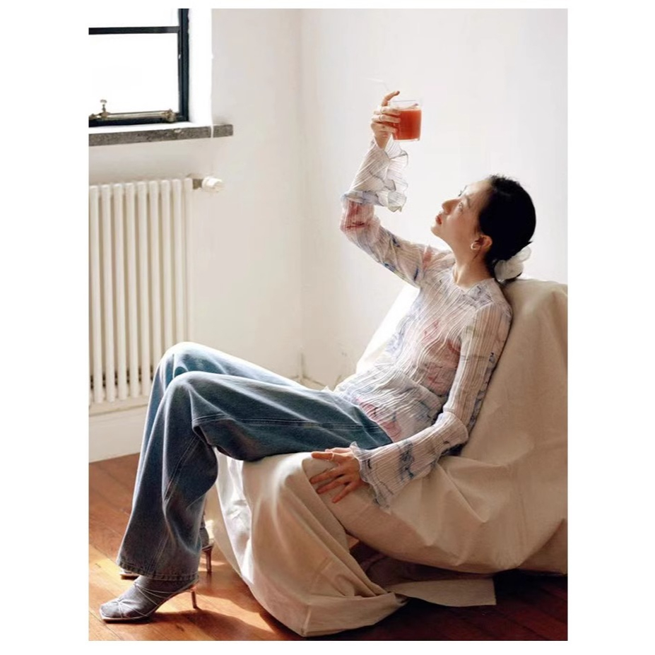 Honypove Áo Sơ Mi Chiffon Cổ Tròn Tay Dài Ống Loe Xếp Ly Nhuộm Màu Phong Cách Mới Dành Cho Nữ